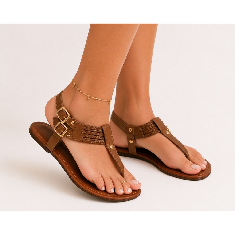 Altar'd State Thong Sandals Tan Braided Double Buckle Gladiator - 7.5